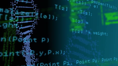 animación del hilado de cadenas de adn en 3d y procesamiento de datos científicos sobre fondo azul
