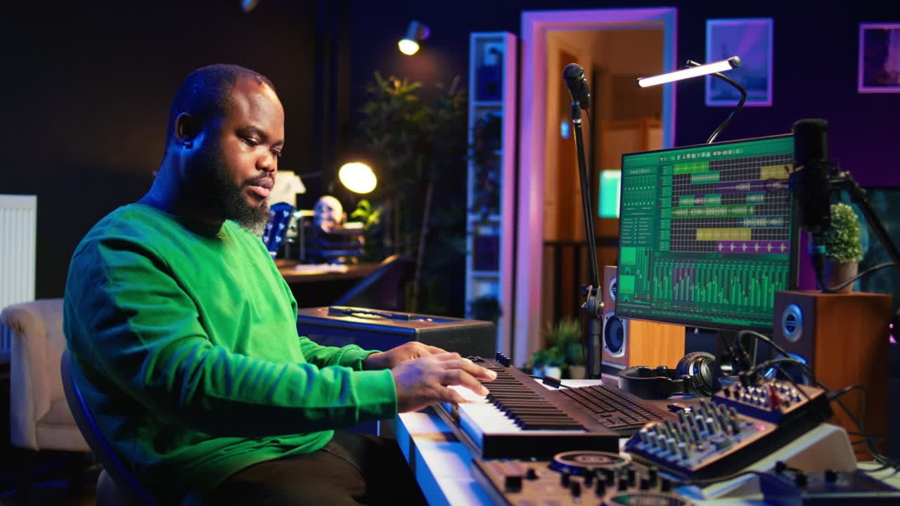 artista masculino produciendo música en un teclado de piano electrónico en un estudio casero