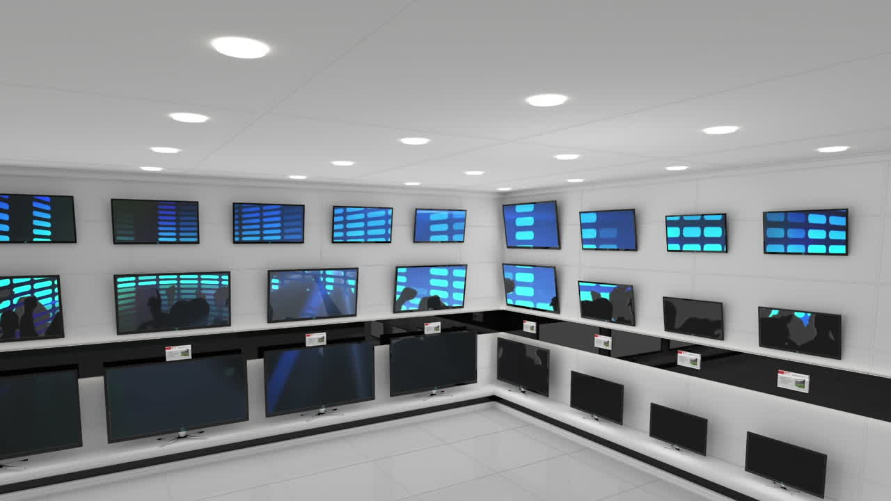 interior de una tienda de electrónica con video sincronizado que se reproduce en las pantallas de varios televisores