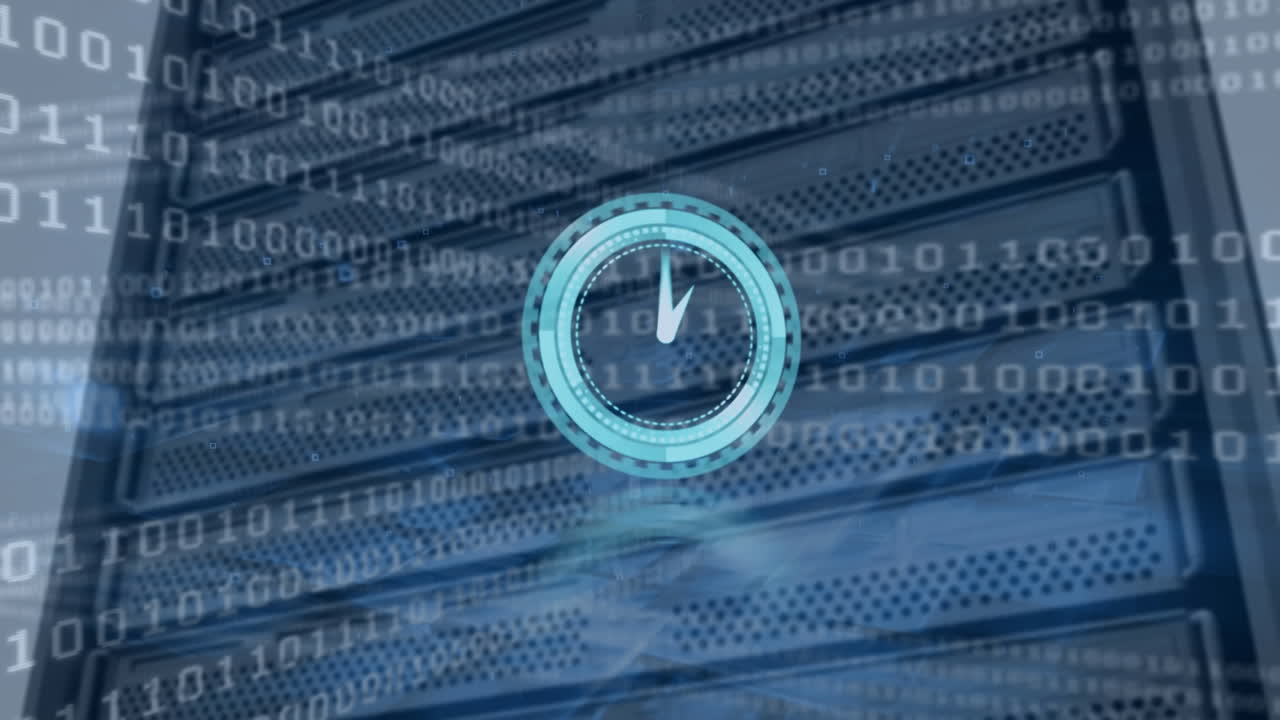 Animation of binary coding and moving clock over server