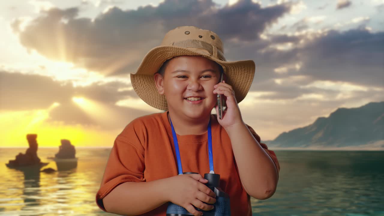 Menino asiático de chapéu e binóculos falando ao smartphone na praia. Menino pesquisador examina algo, conceito de aventura de turismo de viagem, close-up