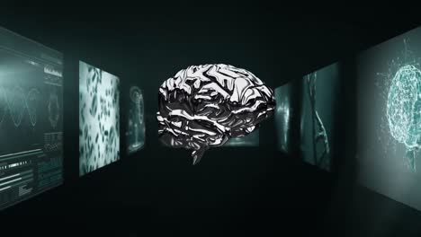 animation of 3d brain rotating in a hallway of scientific screens