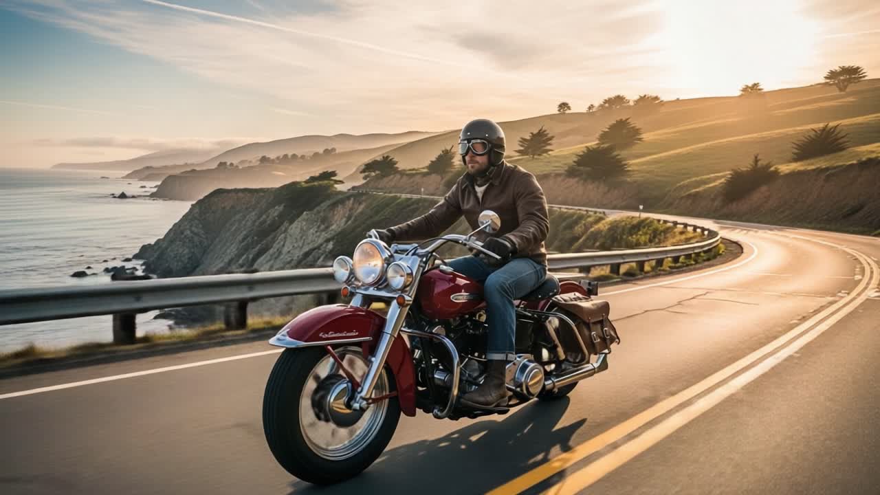 A Breathtaking Open Road Adventure: Captivating Motorcycle Journey Along the Scenic Coastline at Sunset, Showcasing Freedom and Thrill of Riding Through Nature's Beauty
