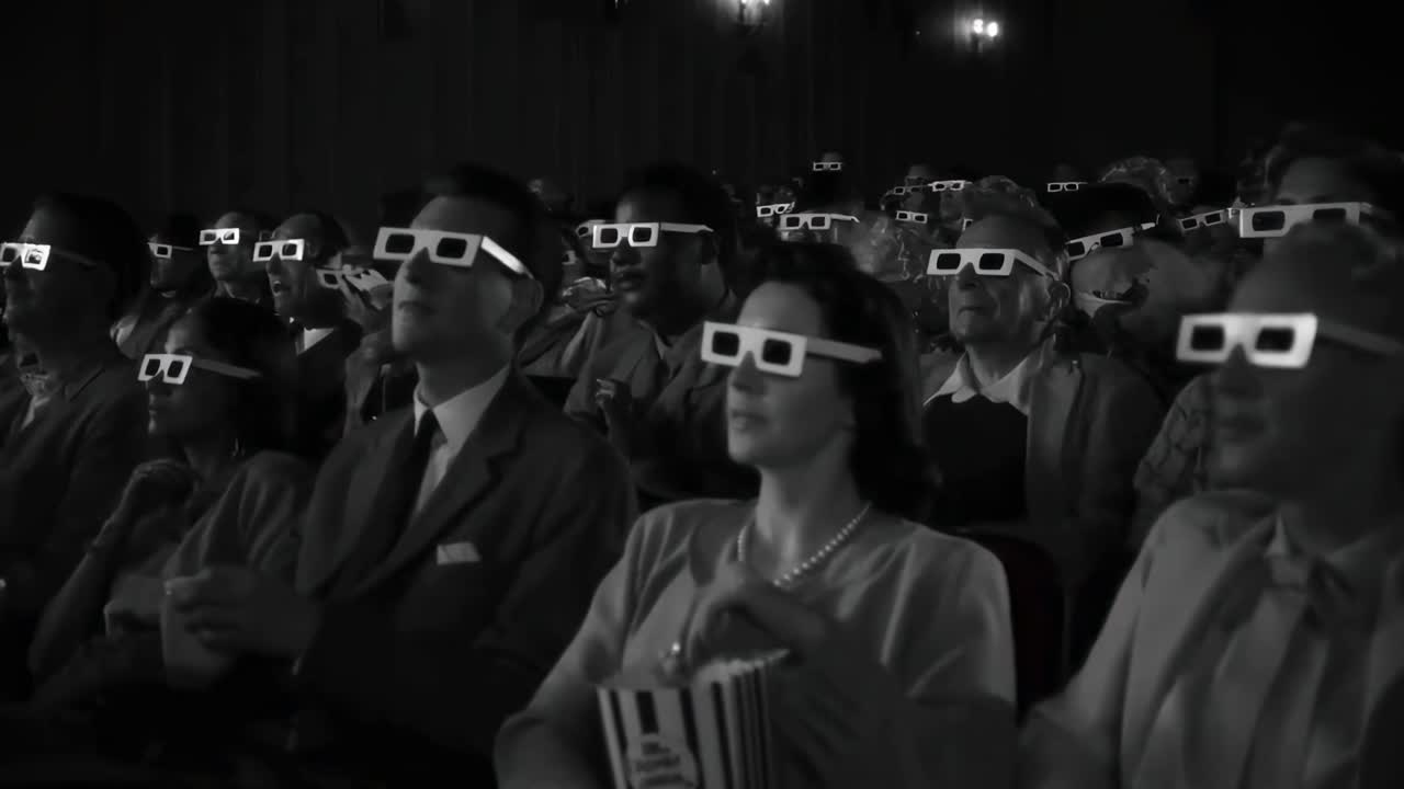 Fermo immagine video in bianco e nero di un pubblico con occhiali 3D, vista laterale