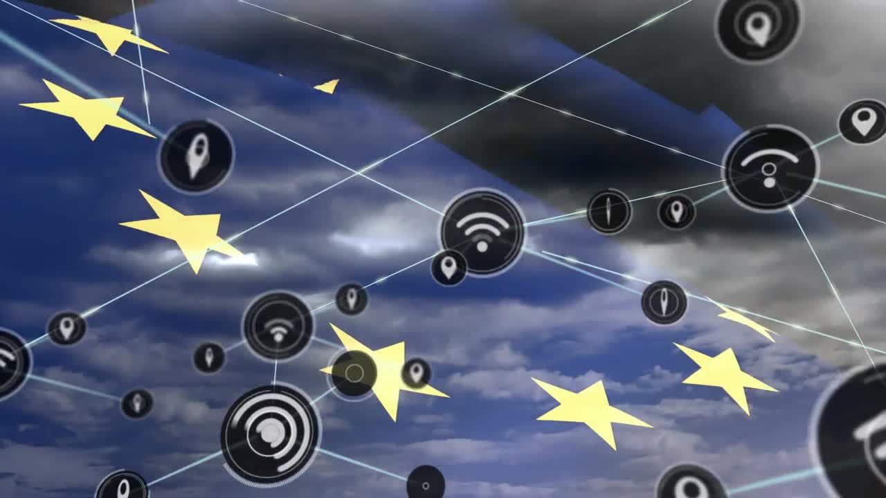 red de iconos digitales sobre la bandera de la ue contra las nubes en el cielo