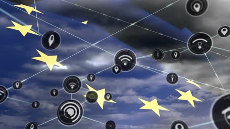 Netzwerk-Digitaler-Symbole-über-Wehender-EU-Flagge-Gegen-Wolken-Am-Himmel