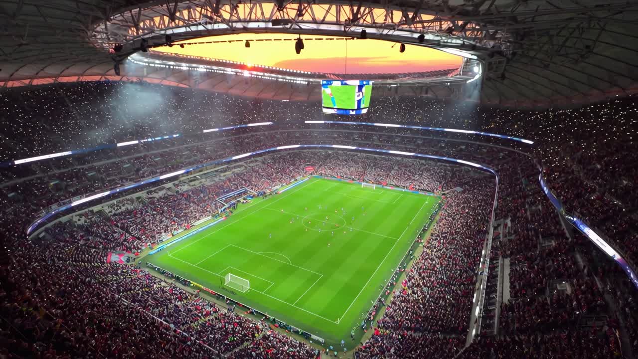 Vista aerea di un video di uno stadio gremito durante una partita di calcio, che cattura l'energia vibrante della folla