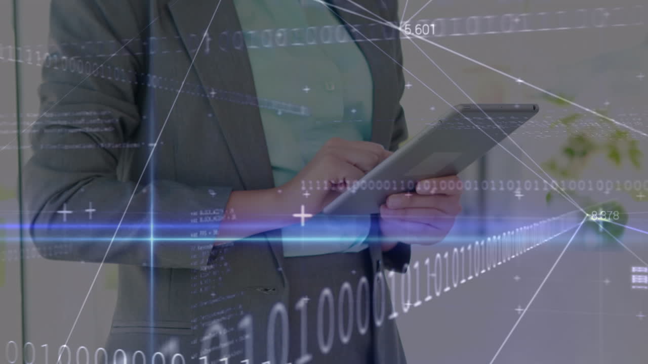 Animation of data processing and light trails over caucasian businesswoman in office