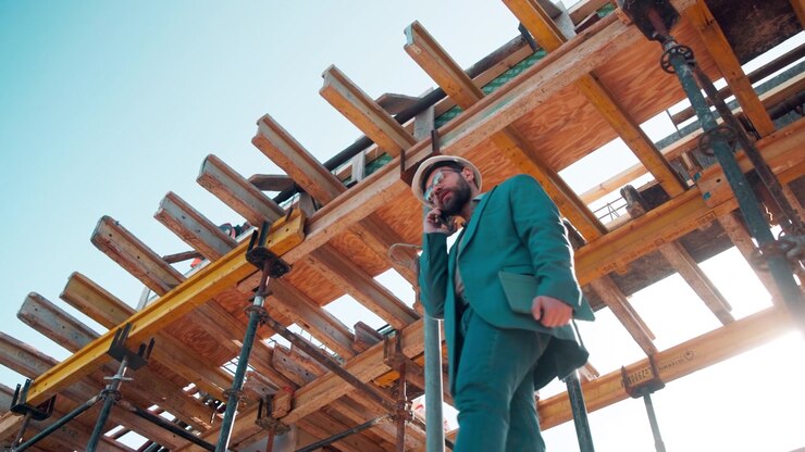 Bauleiter telefoniert auf der Baustelle
