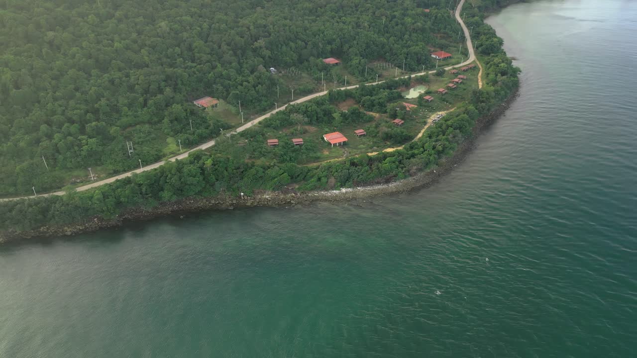 A forested shoreline with houses and a coastal road.