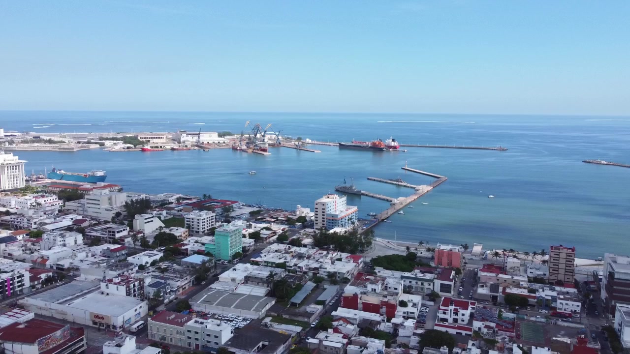 Aerial panoramic view of the Port of Veracruz with views to the ocean and a blue sky. Aerial view of the City of Veracruz, México,
