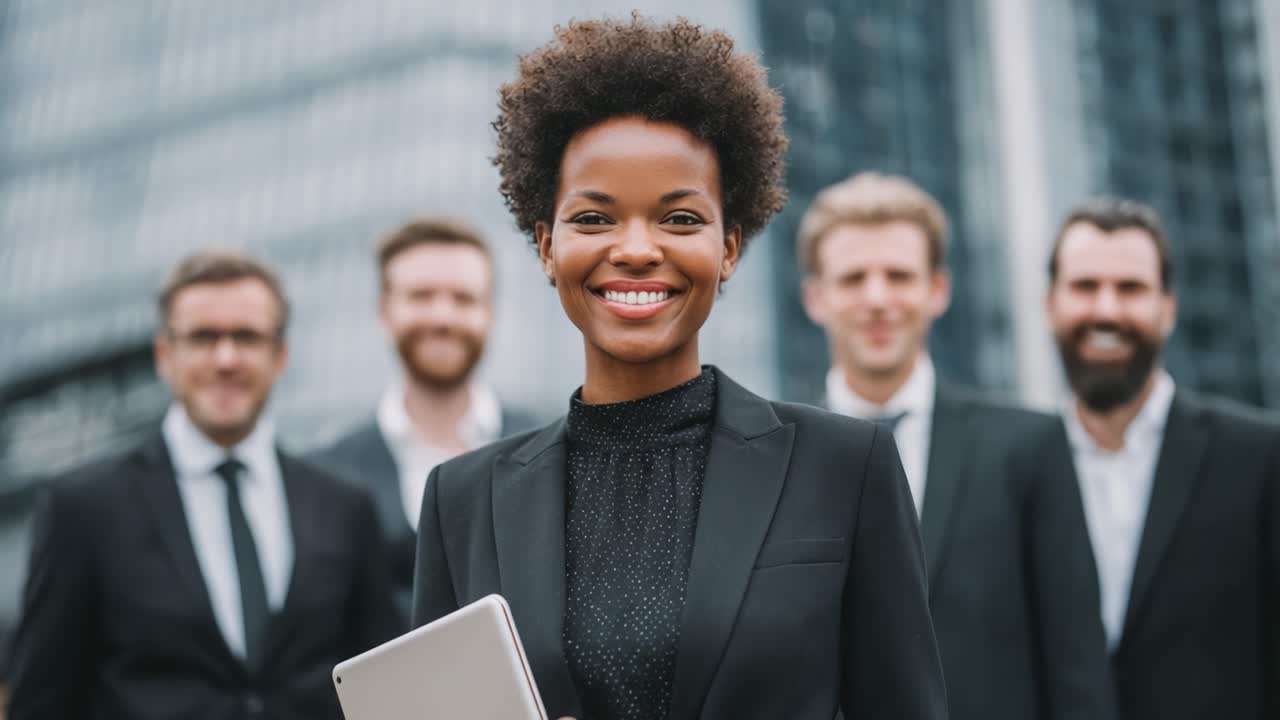 A Confident Businesswoman Poses with Colleagues in Professional Attire, Showcasing Team Spirit and Corporate Success Against a Modern Cityscape Background