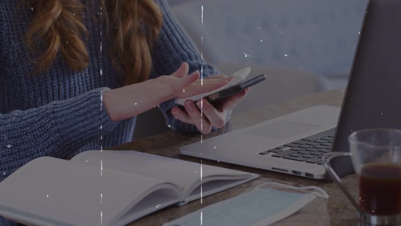 Woman holding smartphone, tapping and wiping screen for clear touch in tech, overlay persisting