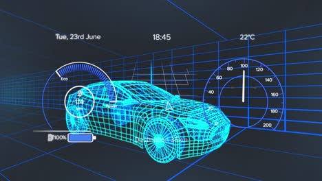 animation of 3d model of car with digital interface and data processing