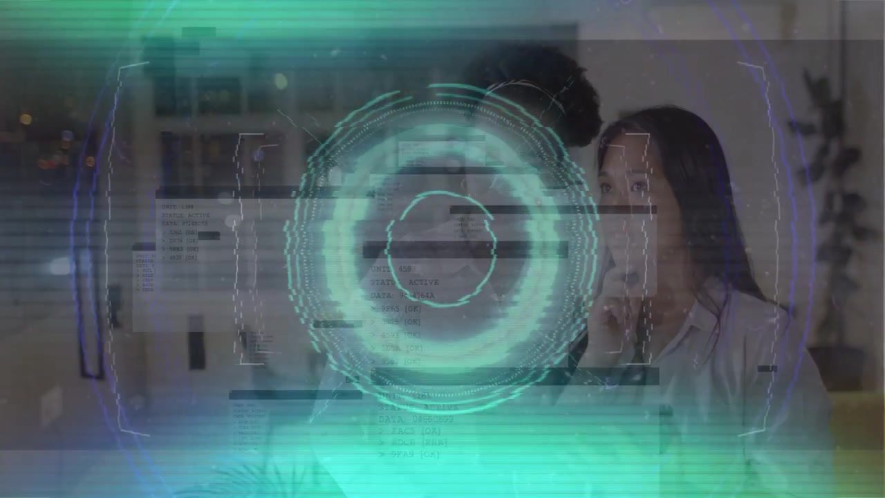 Two women tapping tablet, testing tech while holographic rings shifting, revealing code