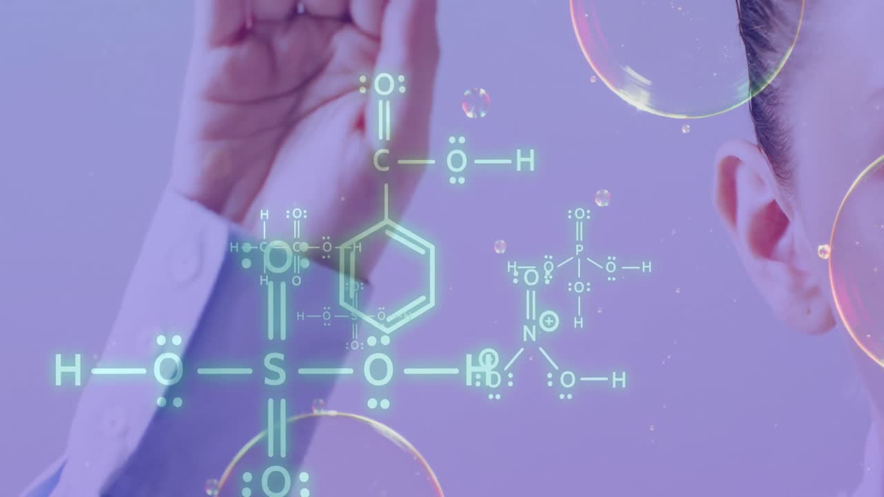 백인 여성의 손과 귀 위에 있는 dna 줄기 다이어그램과 거품의 애니메이션