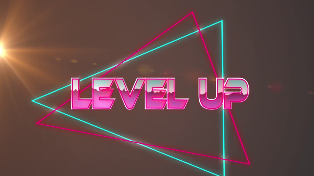 Animation of level up text over light trails on black background