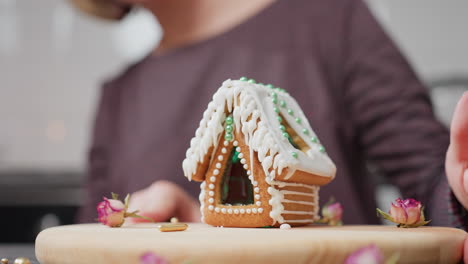 beautifully decorated cookie house with white icing, green beads, and a glassy window sits on a wooden tray, a person in a checkered dress is slightly blurred in the background