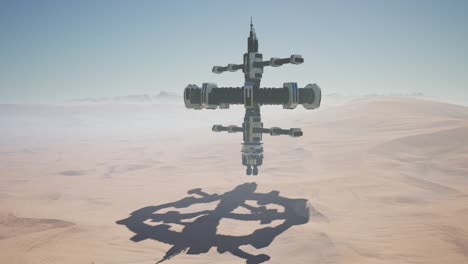 alien spaceship rotate over desert. ufo