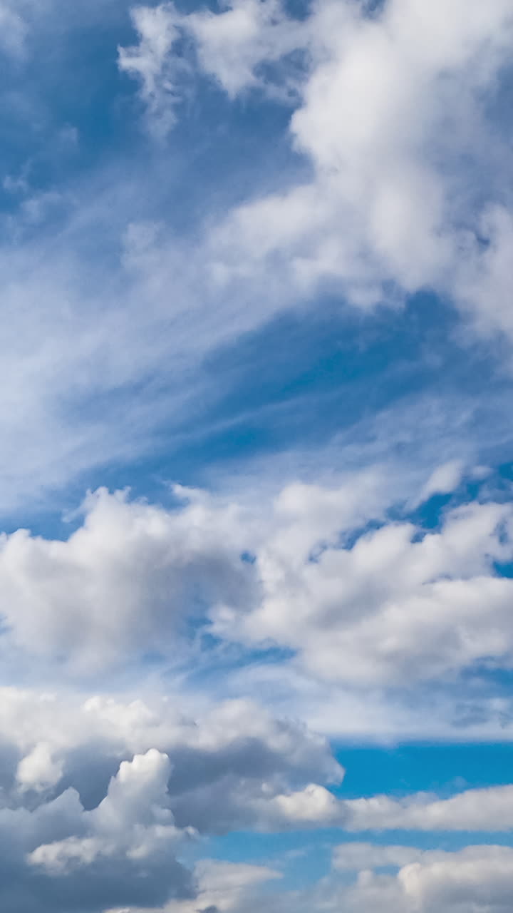 Lovely soft clouds changing shapes quickly in the sky. Diverse types of clouds in atmosphere. Low angle view. Timelapse. Vertical video