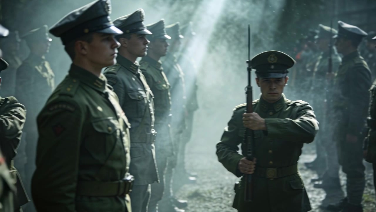 Responding to command centered uniformed soldier steadying rifle in tree-lined glade, with bayonet