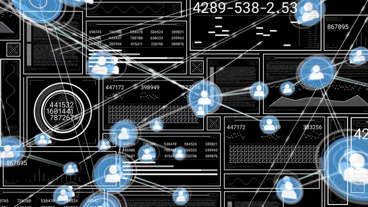 Animation of digital people profile icons connecting with lines over graphical interface displays