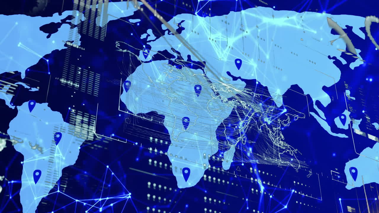 Animation showing digital map with location markers and network connections