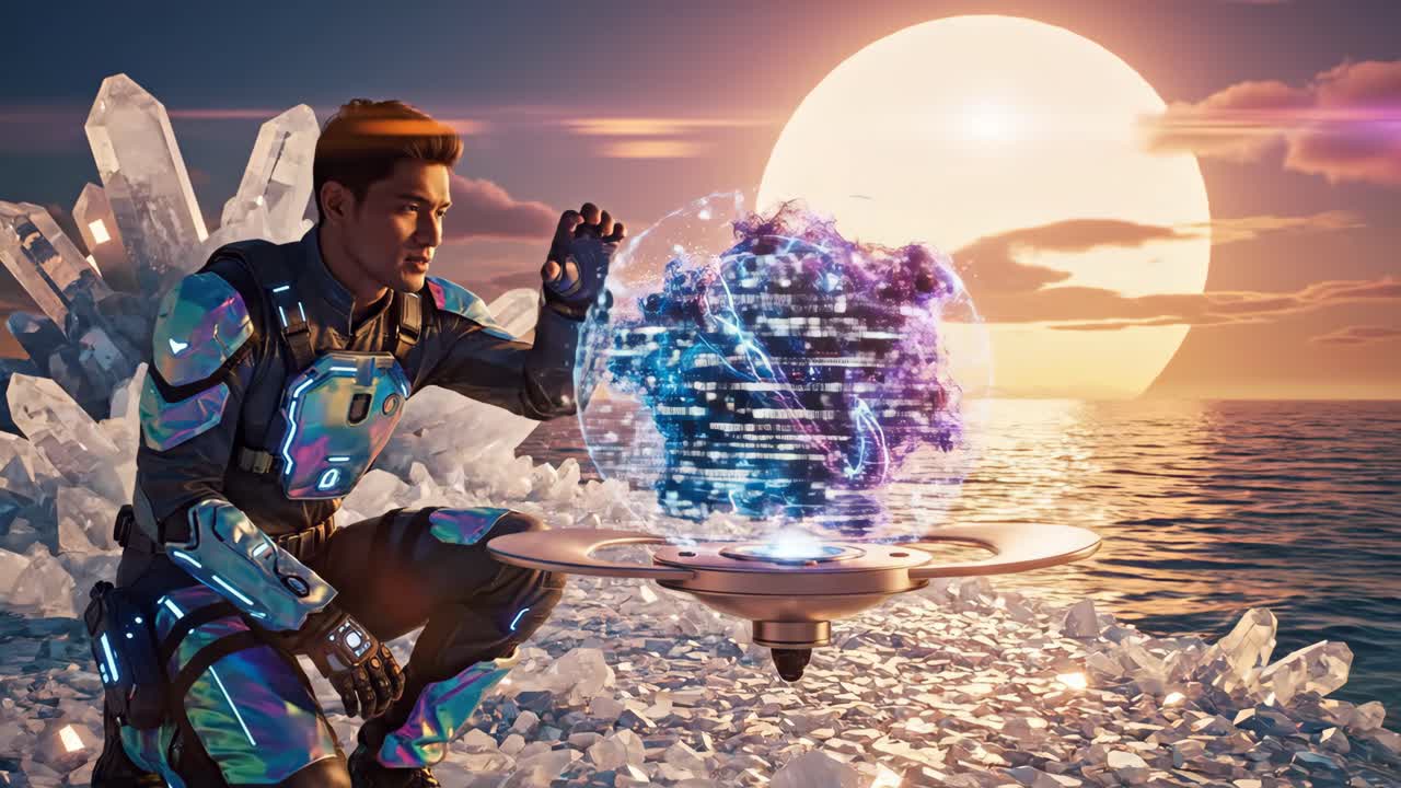 A futuristic man interacts with a holographic sphere under the moonlight