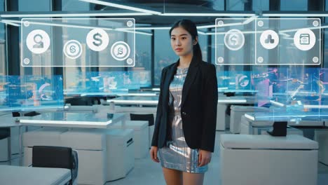 young woman interacting with futuristic holographic technology in modern office