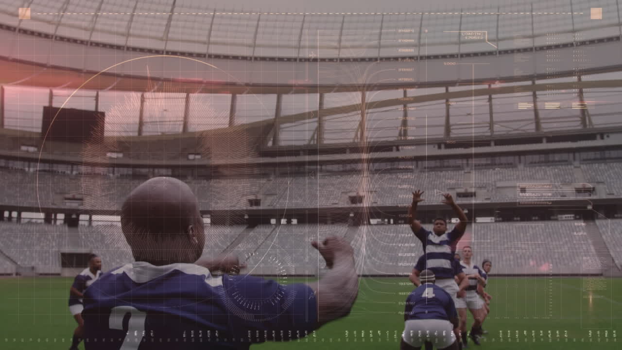 스포츠 경기장에서의 럭비 경기에 대한 데이터 처리 애니메이션