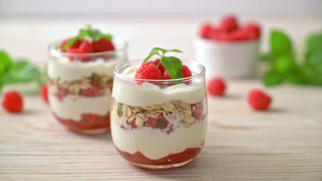 frambuesa fresca y yogur con granola - estilo de comida saludable