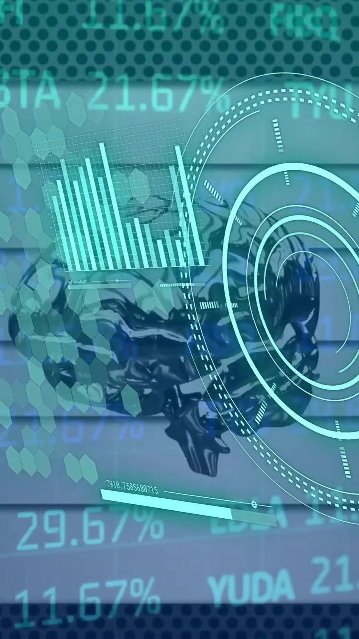 Animation of element diagrams, circular scanner and brain over processing data