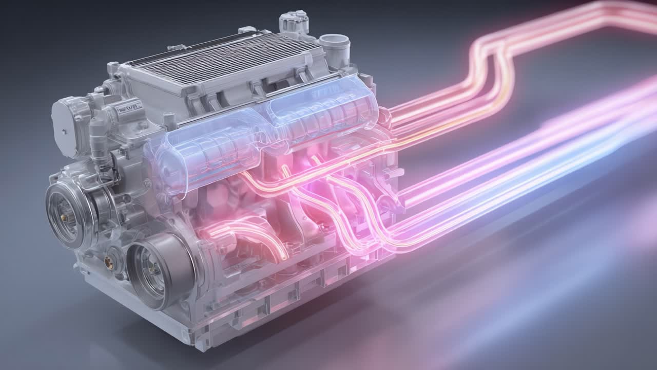 Detailed Visualization of an Engine with Dynamic Fluid Flow Representations Highlighting Internal Components and Thermal Dynamics in a High-Tech Environment
