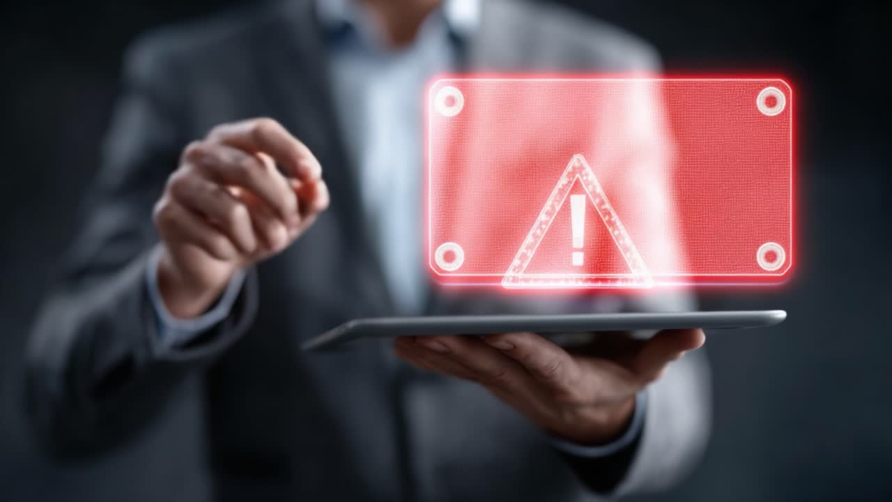 A professional individual interacts with a digital interface displaying a caution sign, symbolizing alertness, warnings, and the importance of maintaining safety in technology