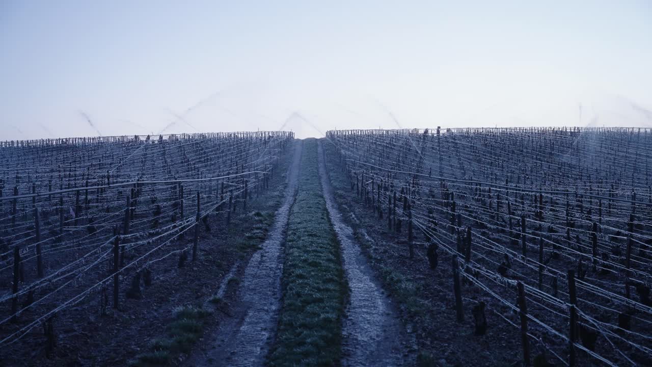 Sprinklers spraying the plants with water to protect them from the cold in the Vineyards of Chablis, France