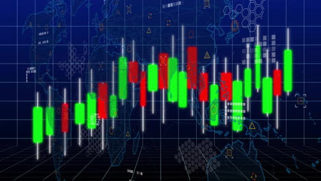 stock market candlestick chart animation over world map and data grid