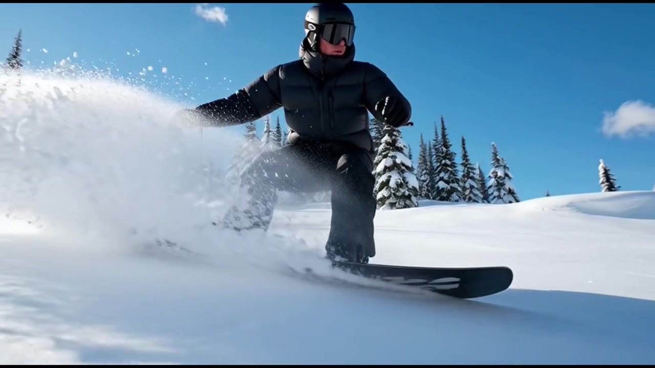 Snowboardzista wycinający zakręty w świeżym puchu na słonecznym stoku górskim