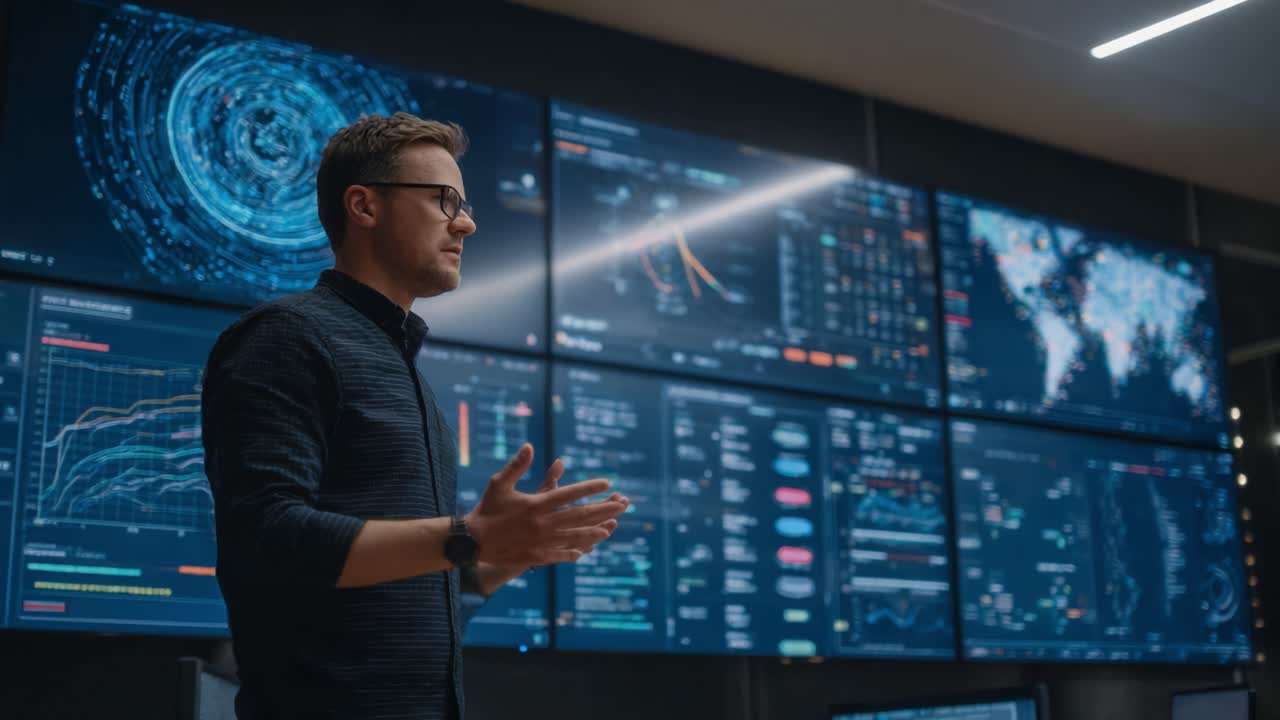 A Professional Data Analyst Discusses Complex Analytics in a Cutting-Edge Command Center with Multiple Digital Displays Showcasing Global Information and Insights