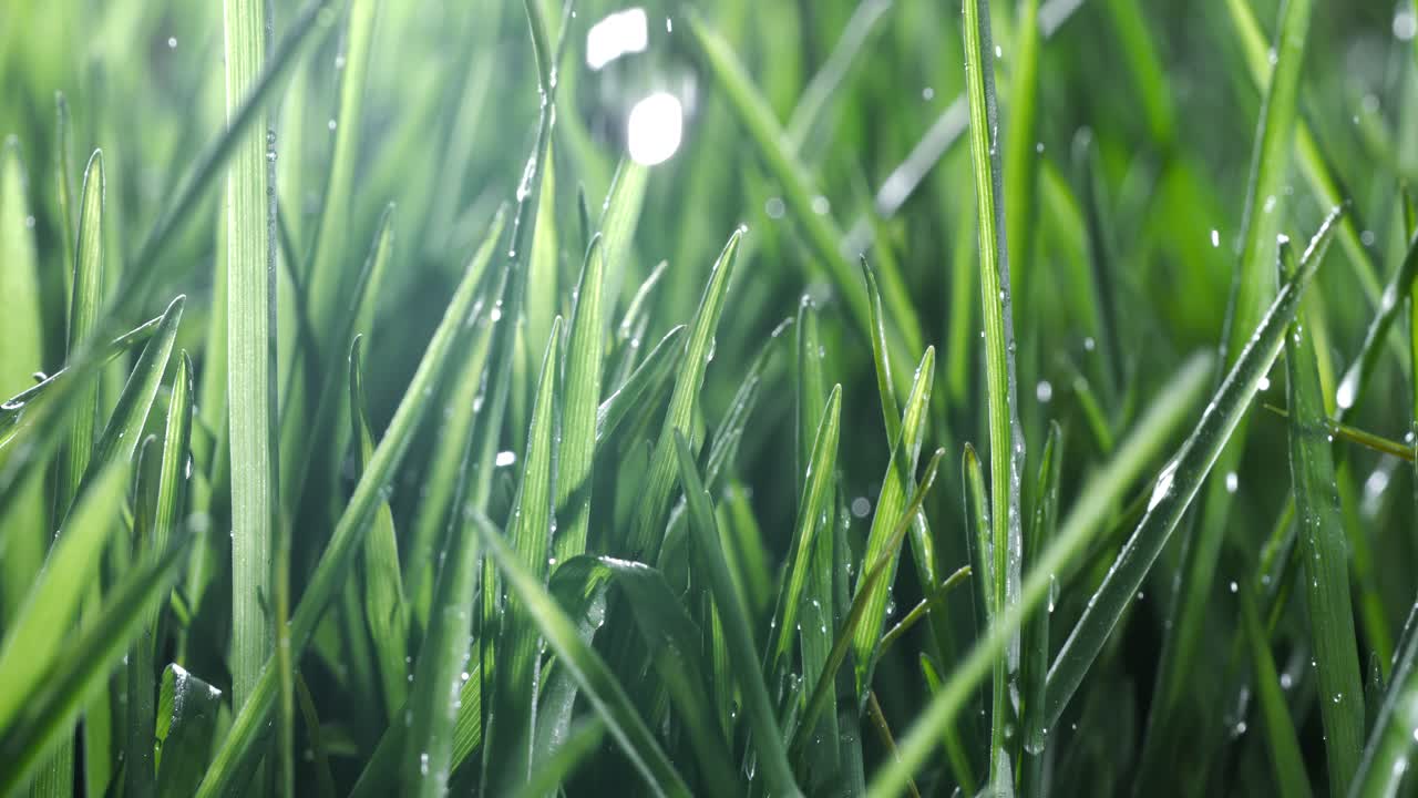 hierba verde de primer plano gotas de lluvia cayendo lentamente sobre la hierba. disparado en cámara súper lenta
