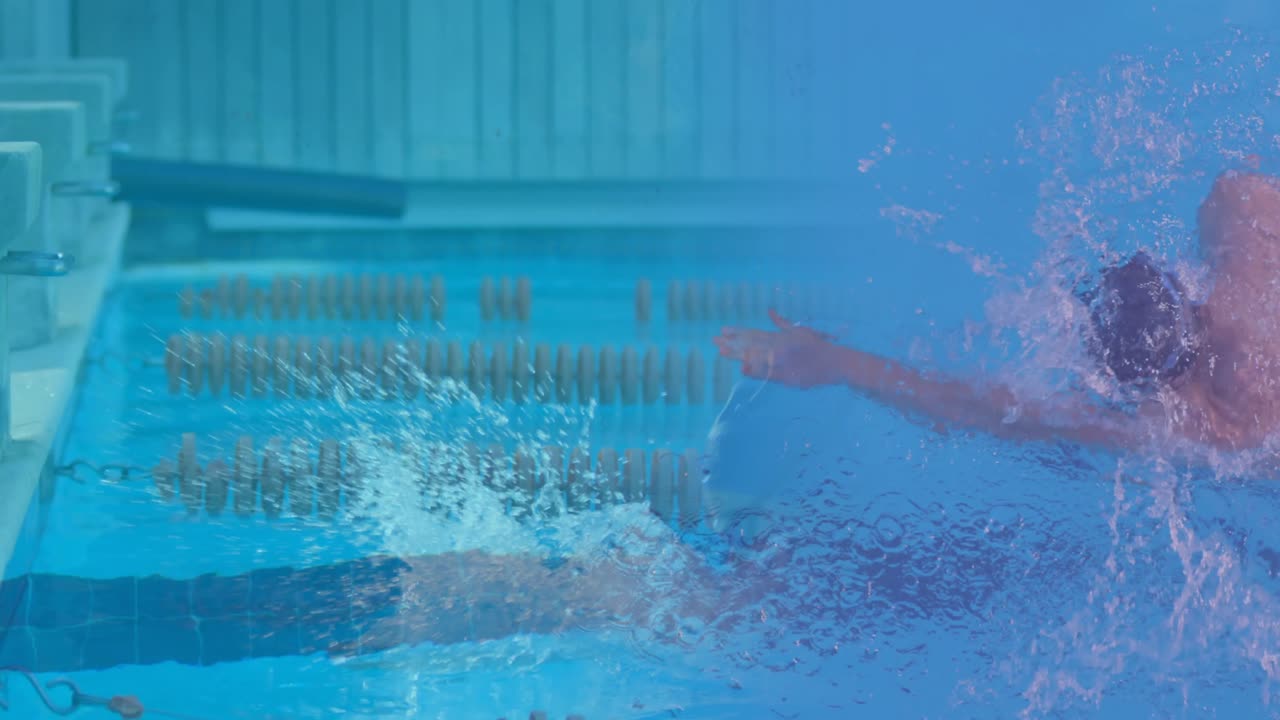 수영장에서 수영하는 백인 남녀의 애니메이션