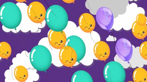 Animación-De-Globos-De-Colores-Volando-Sobre-El-Cielo-Nublado