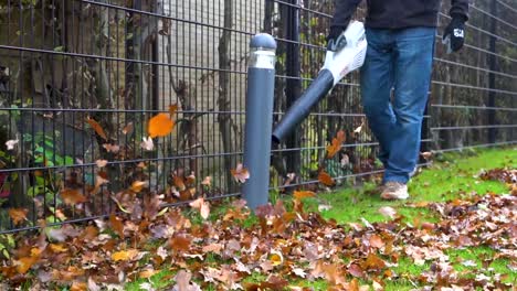 Worker-blowing-leaves-from-garden-using-leaf-blower-in-slow-motion