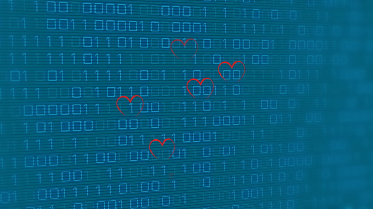 Animation of red hearts over binary coding on blue background