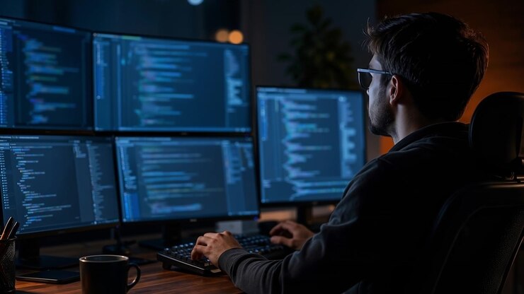 Programmatore che lavora fino a tardi la notte in una stanza buia con più monitor di computer che mostrano codice.