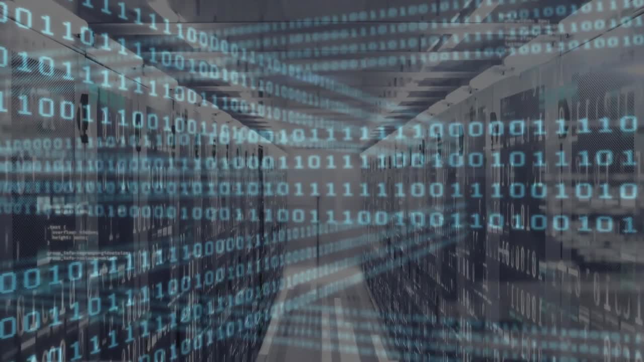 At start, binary digits streaming down server aisle pulsing cyan glow to represent data flow