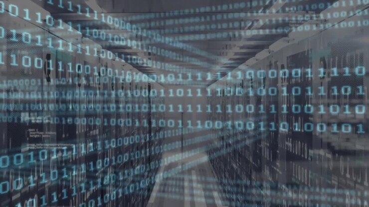 At start, binary digits streaming down server aisle pulsing cyan glow to represent data flow