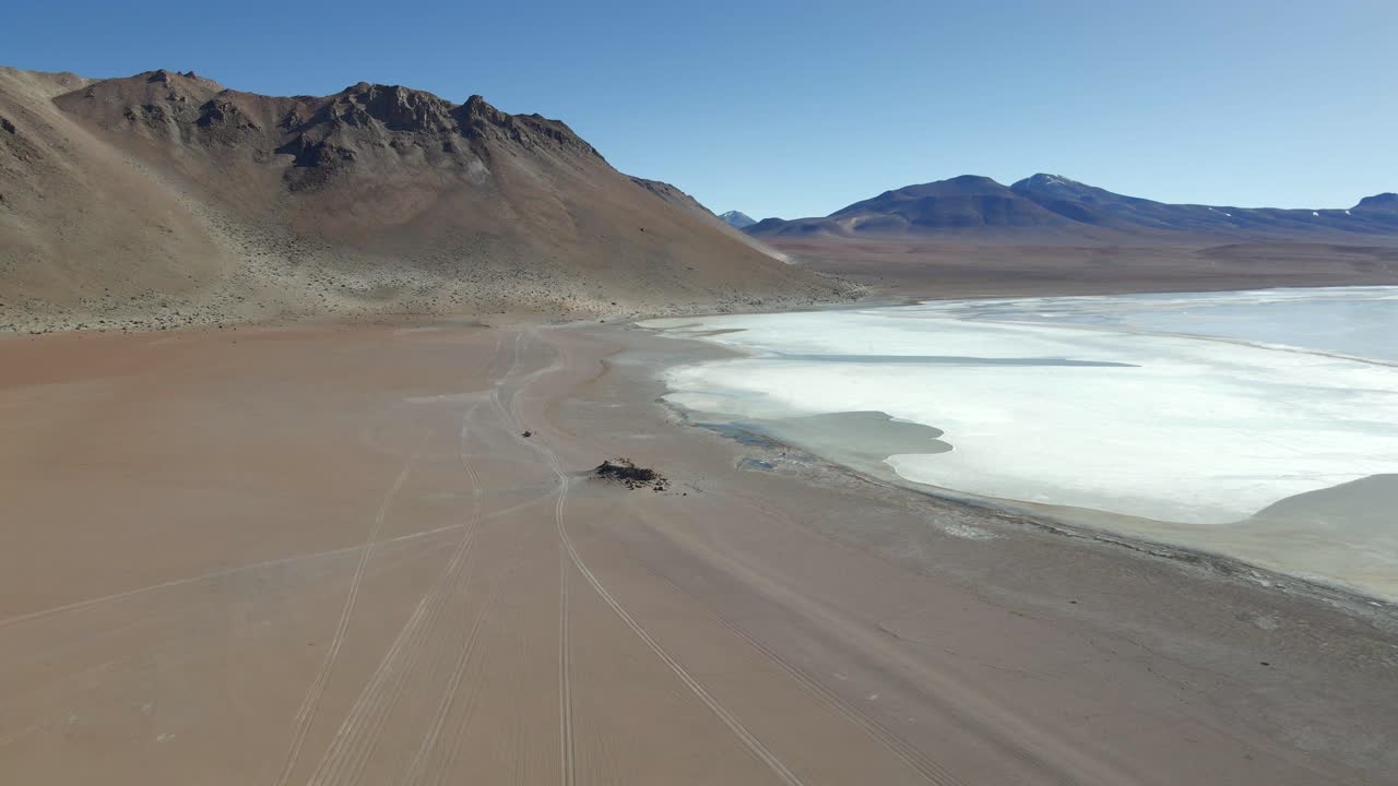 Drone over pale Laguna Chiar Kkota with mirrored volcanic backdrop and red terrain