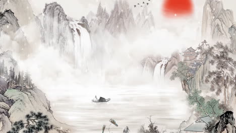 serene traditional chinese landscape painting with mountains, waterfalls, and a boat