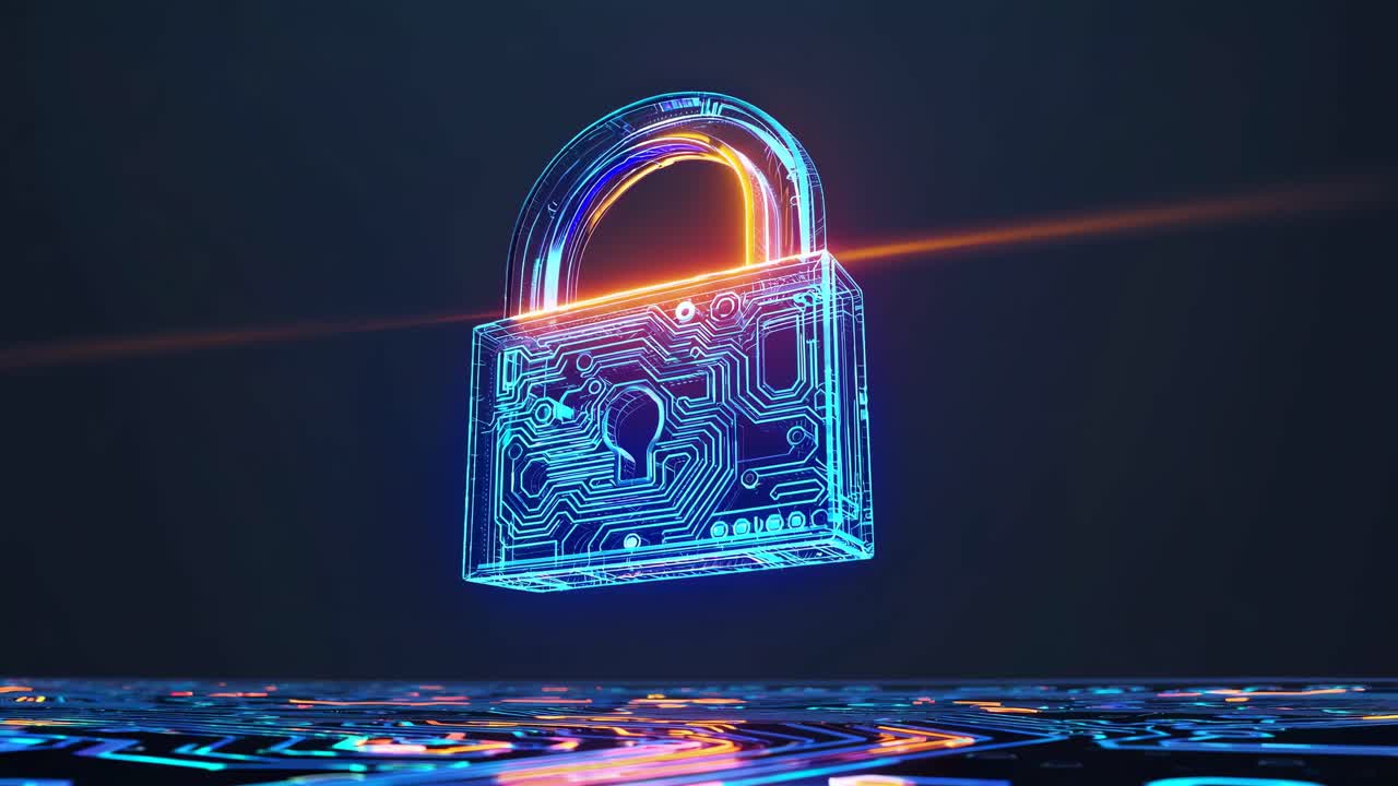 Futuristic video concept of a glowing padlock on a circuit board, captured from a high-angle