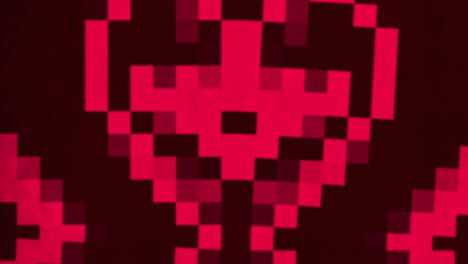 a pixelated face resembling a skull with red and black pixels, showcasing a creepy and eerie appearance. the black eyes and sharp teeth enhance the unsettling vibe of the image